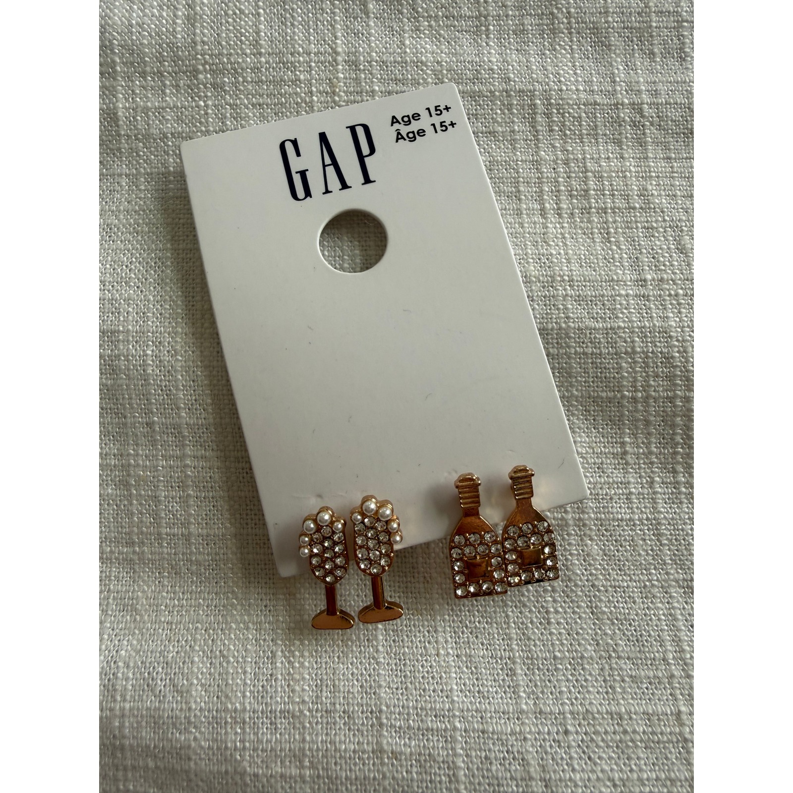 Gap New Champagne Flute And Bottle Rhinestone Stud Earring Set Gold Tone 2 Pairs